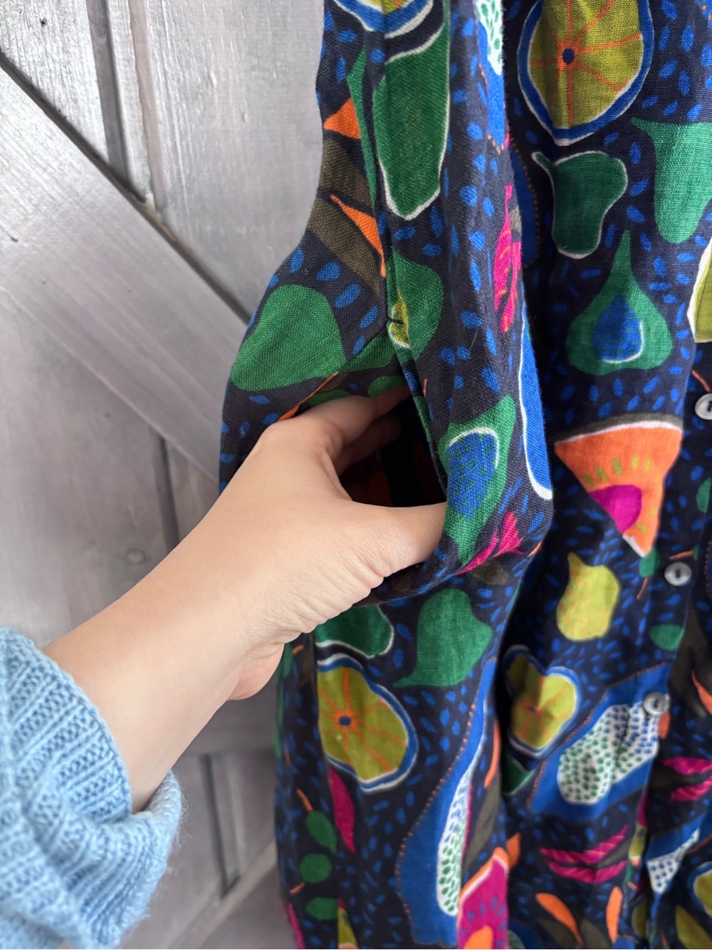 Gudrun Sjoden 100% Linen Blue Black Colorful Fruit Dress lagenlook Size Large - Picture 8 of 11
